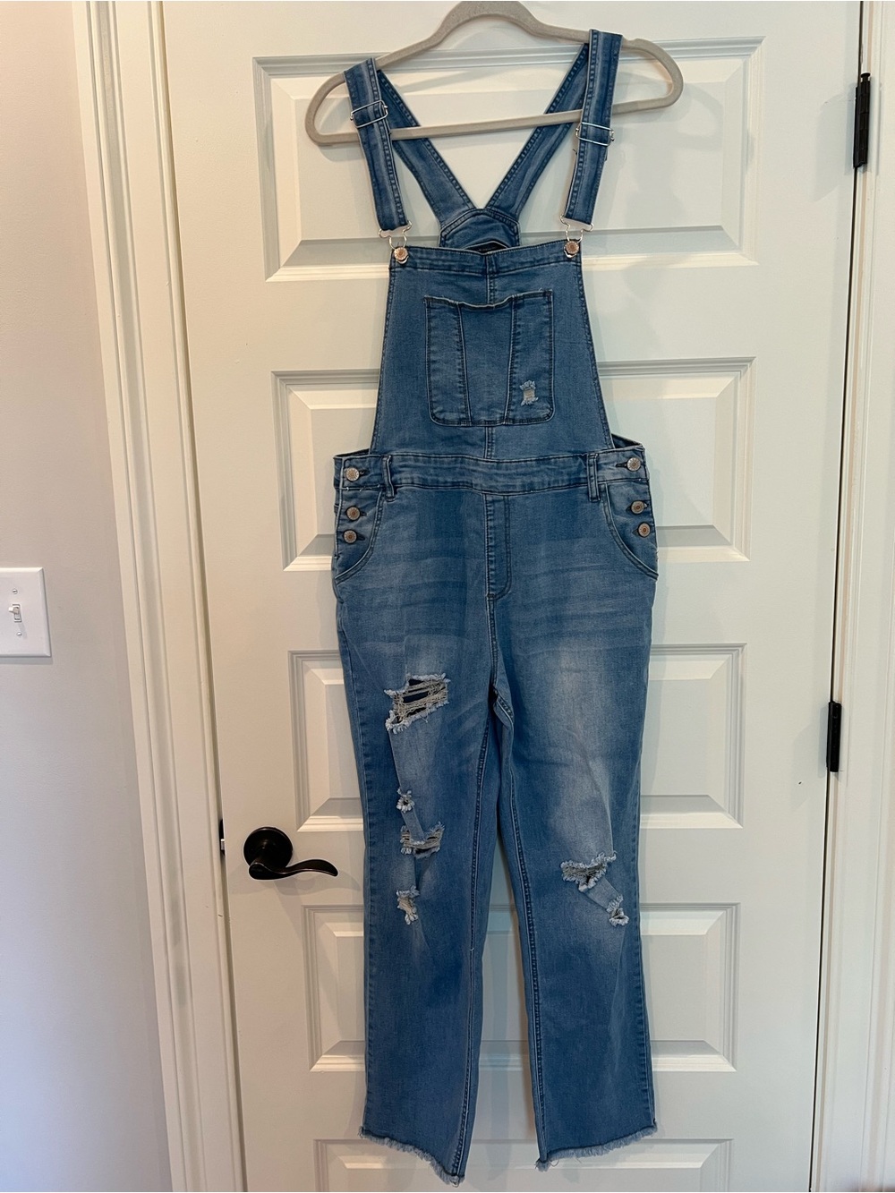 Distressed Denim Overalls Size L Stretch Raw Hem Cropped Straight Leg - Picture 2 of 10